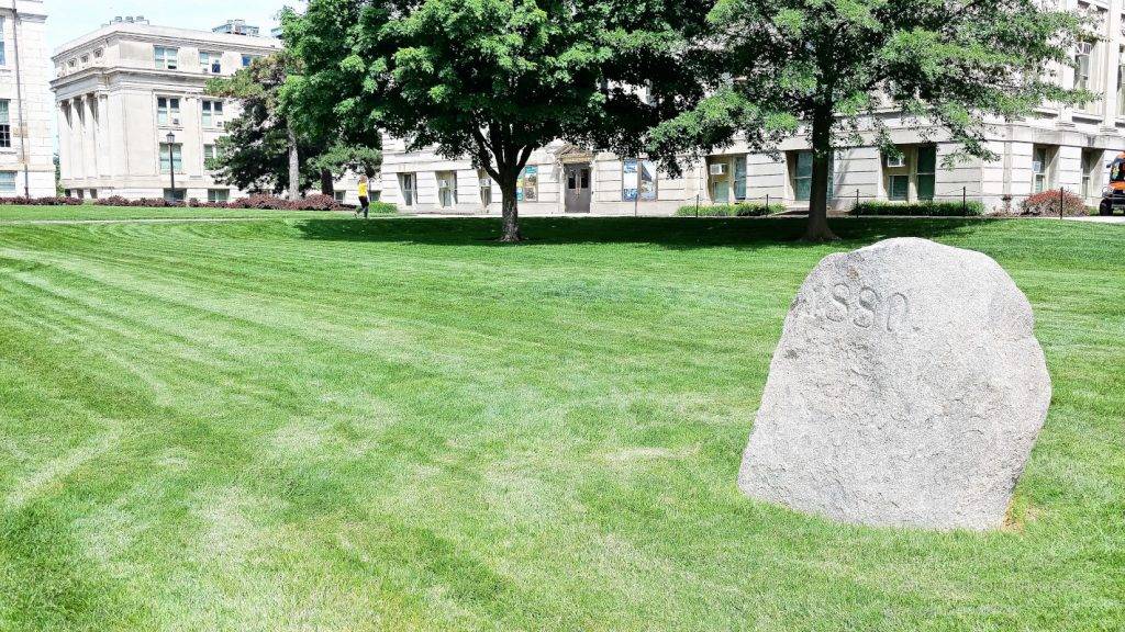 Rock dated 1880 on the Pentagram at University of Iowa