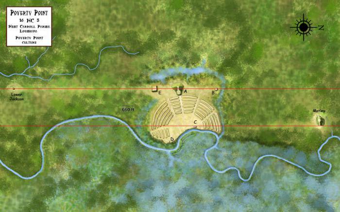 An overview of the Poverty Point Site, built between 1650 to 700 BCE, during the Archaic Period in the Americas. Work by Heironymous Rowe
