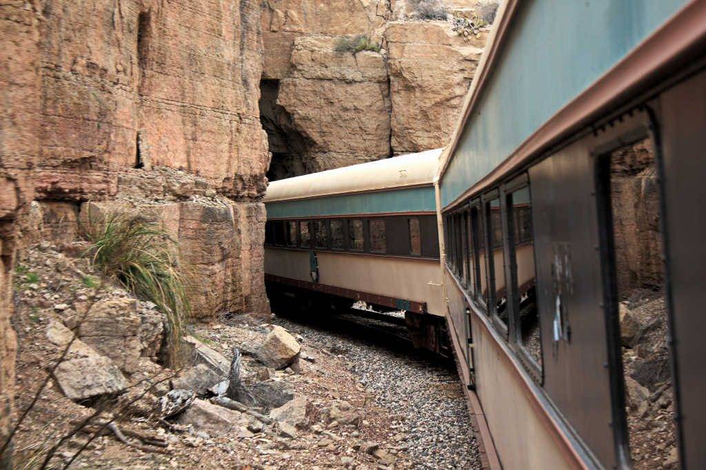 Verde Canyon Excursion Railroad entering the tunnel in the mountain
