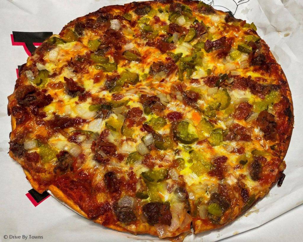 Cheeseburger Pizza from Cedar River Pizza Co in Charles City, Iowa