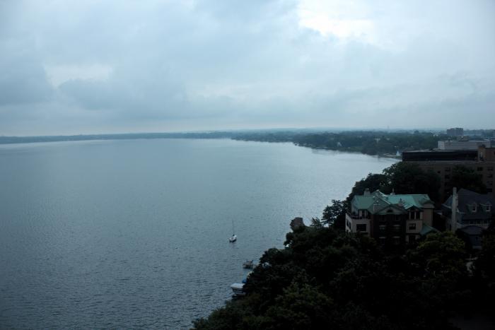 Lake Mendota and mansions on the shoreline from The Edgewater rooftop in Madison
