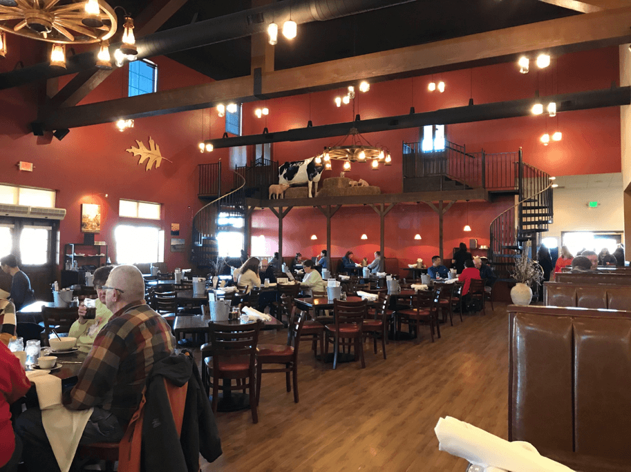Restaurant at Fair Oaks Farms with its vaulted ceilings and cow decorations