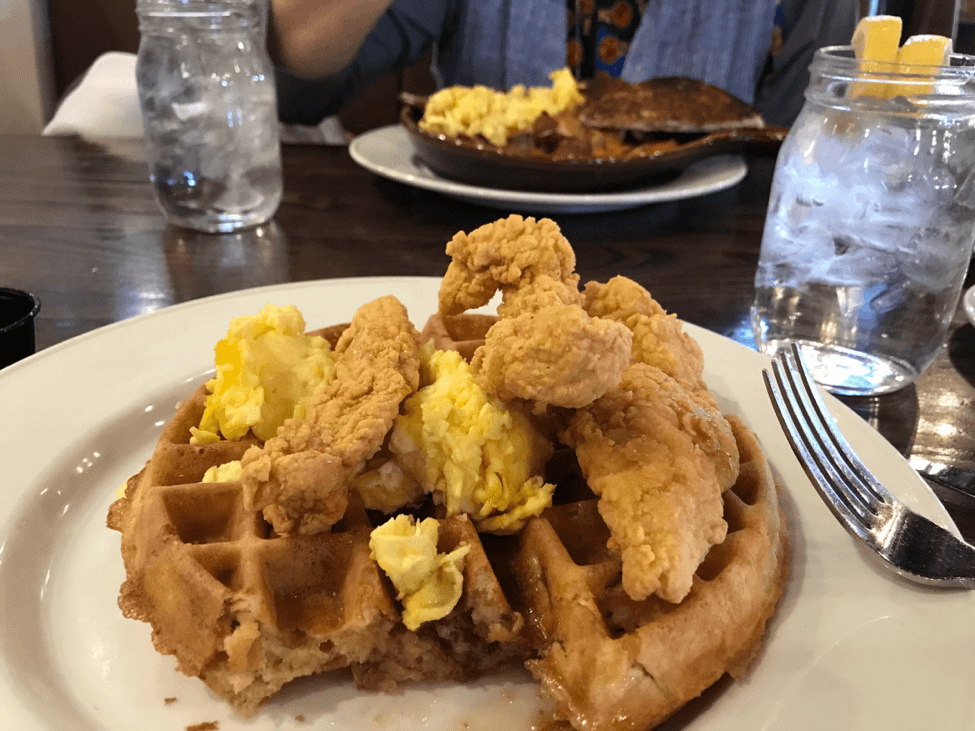 bacon waffle with fried chicken and scrambled eggs