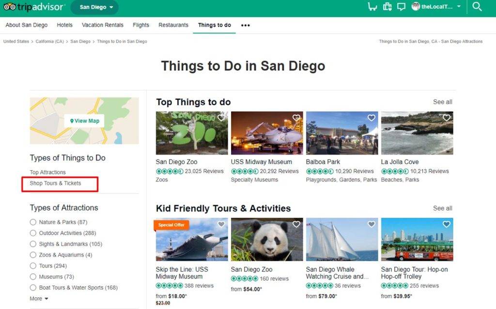 TripAdvisor Things to Do in San Diego page