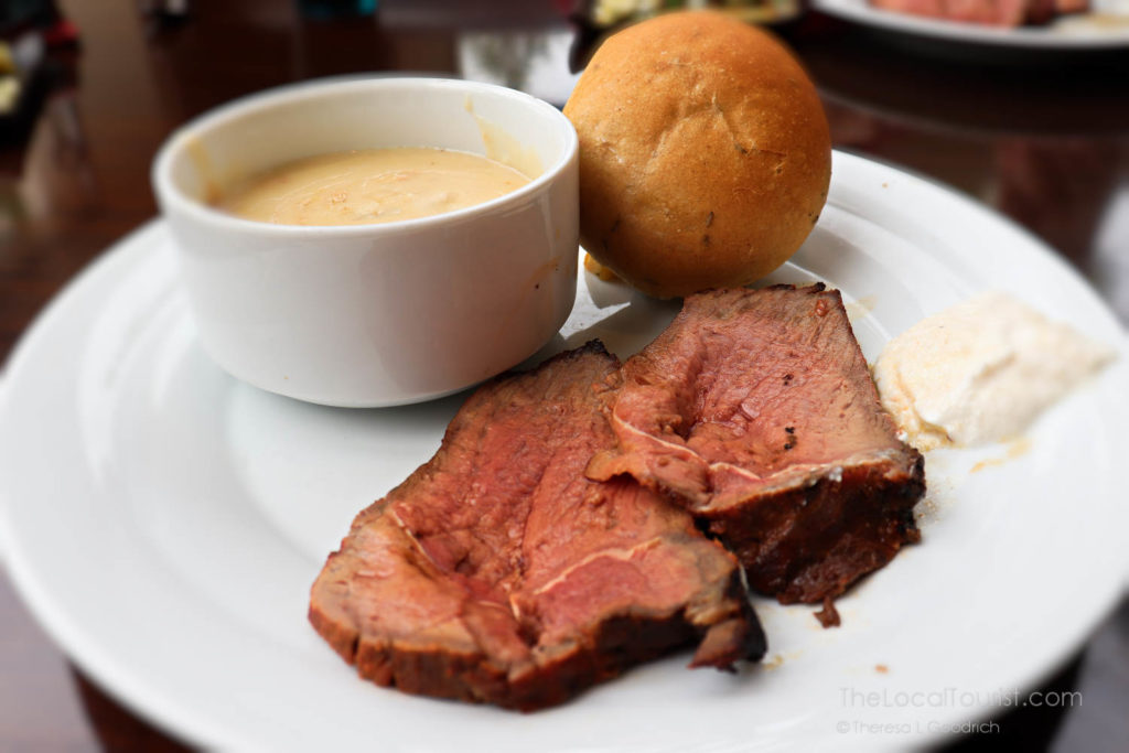 Medium-rare beef with horseradish cream sauce and a cup of New England clam chowder