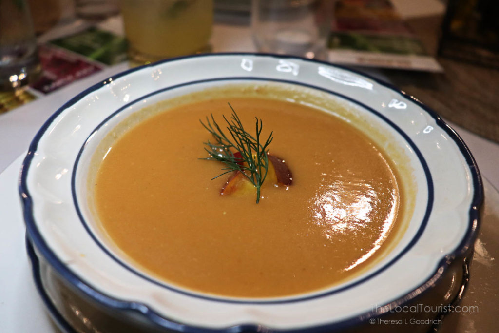 fresh chilled peach and tomato gazpacho soup