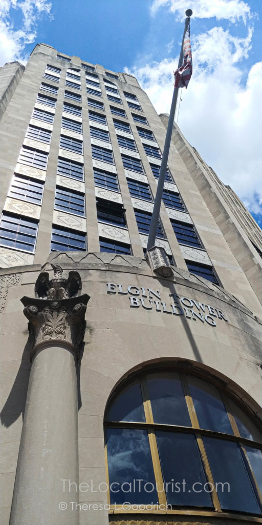 Elgin Tower, an historic building in Elgin, Illinois, that originally contained offices. Now, there are luxury apartments available for lease.