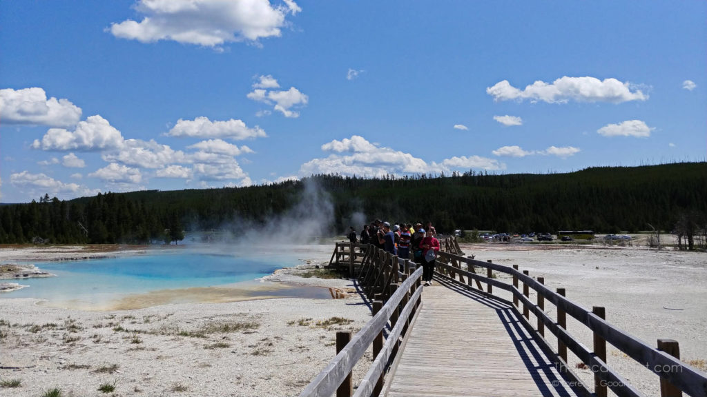 Crowds on the boardwalk in Biscuit Basin