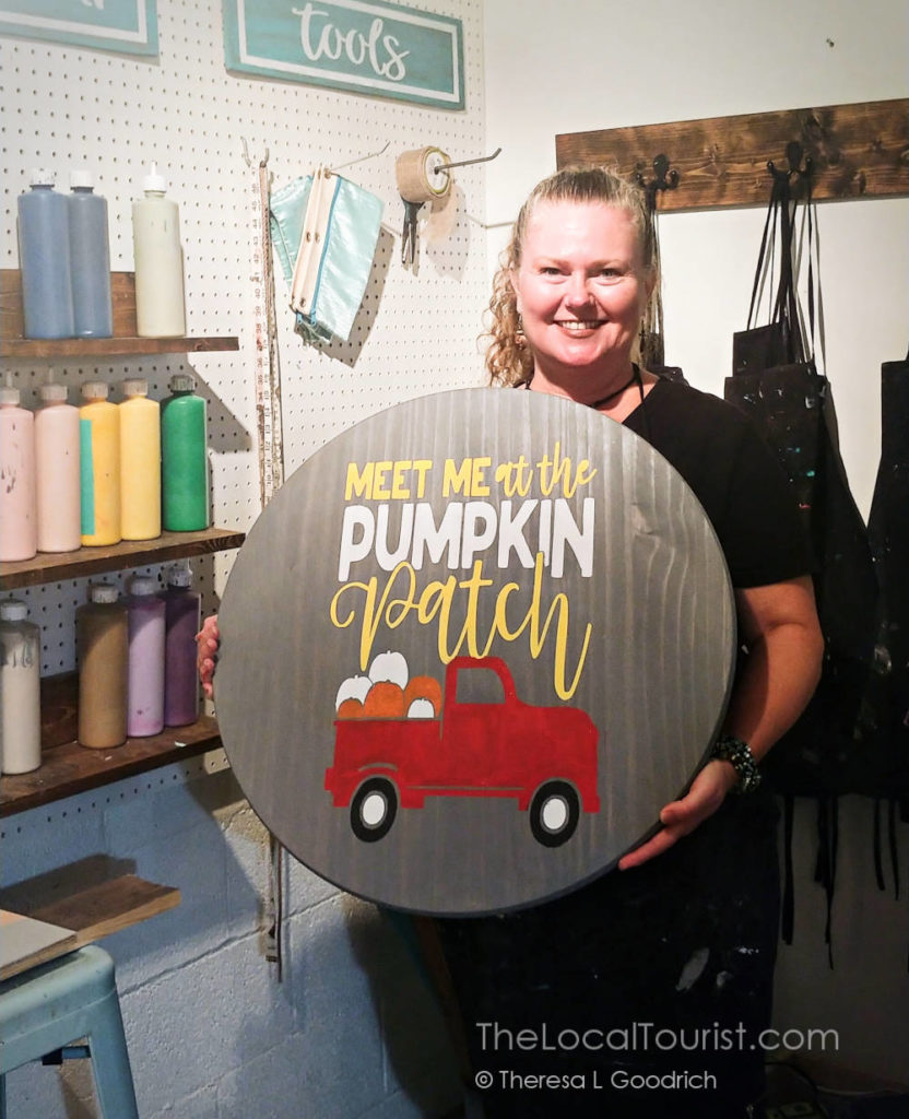 Meet at the Pumpkin Patch - sign Theresa made at Hands to Home Crafted in McHenry