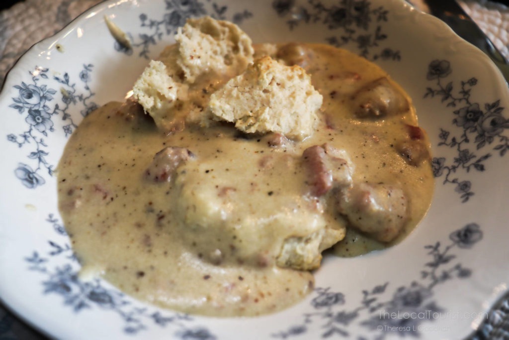 Homemade biscuits and gravy served in vintage bowls at Cherry Tree Inn